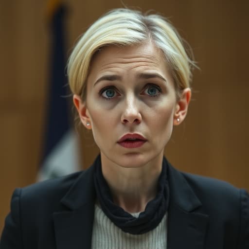  the face of a scared middle aged blond woman who stands at a podium defending herself in court in the style of tatsuro kiuchi, minimalism, simple v 6.1 s 750 hyperrealistic, full body, detailed clothing, highly detailed, cinematic lighting, stunningly beautiful, intricate, sharp focus, f/1. 8, 85mm, (centered image composition), (professionally color graded), ((bright soft diffused light)), volumetric fog, trending on instagram, trending on tumblr, HDR 4K, 8K