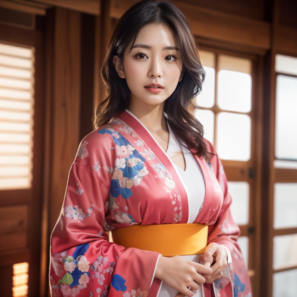  (masterpiece:1.3), (8k, photorealistic, photo, best quality: 1.4), (Japanese woman wearing clothes:),(realistic face), realistic eyes, (realistic skin), beautiful skin, kimono, (perfect body:1.3), (detailed body:1.2), hyperrealistic, full body, detailed clothing, highly detailed, cinematic lighting, stunningly beautiful, intricate, sharp focus, f/1. 8, 85mm, (centered image composition), (professionally color graded), ((bright soft diffused light)), volumetric fog, trending on instagram, trending on tumblr, HDR 4K, 8K