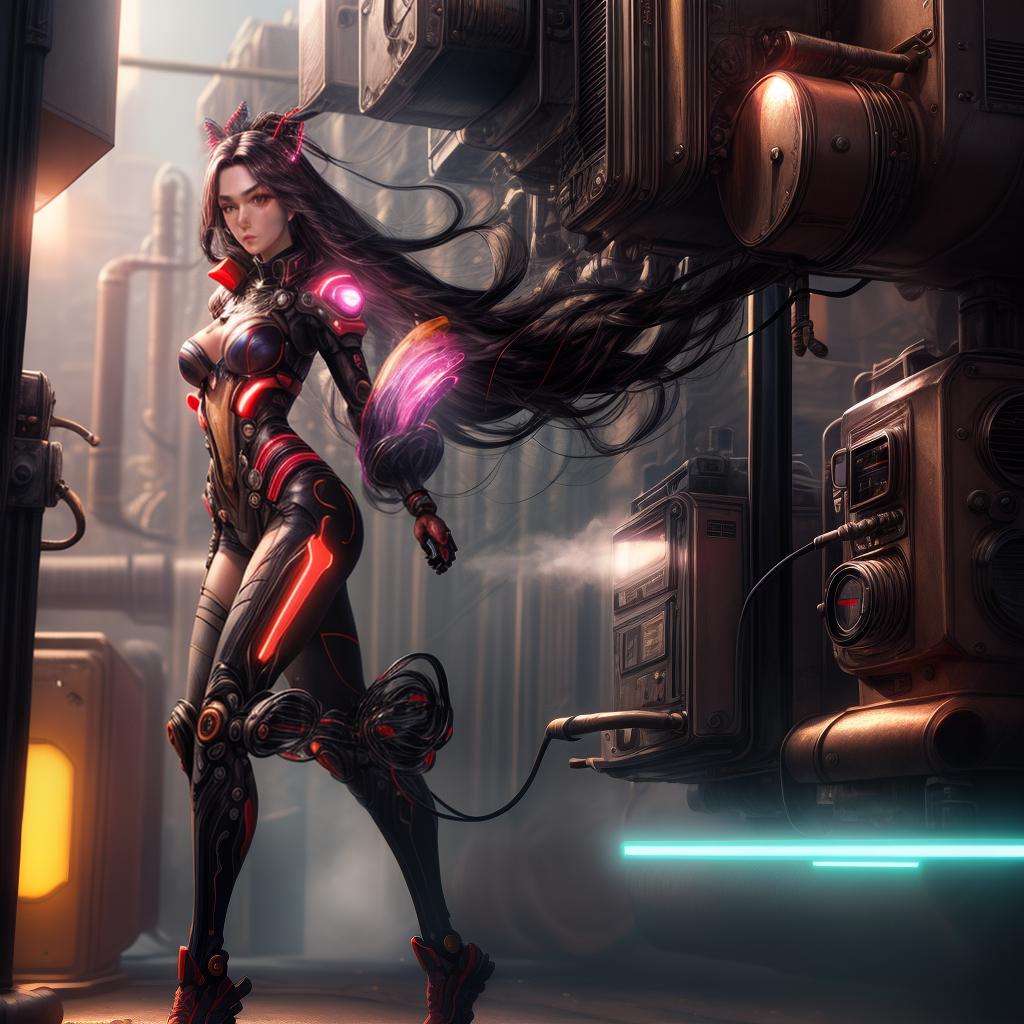  ((dynamic pose of girl with long hair, Red  mechanical body)), mixing textures and colors, synthwave, futuristic vibes, vaporwave colour,8D, 8K, realistic, fantasy, impression, sense of movement and energy, fashionable, cool, outdoor photography, sharp aperture hyperrealistic, full body, detailed clothing, highly detailed, cinematic lighting, stunningly beautiful, intricate, sharp focus, f/1. 8, 85mm, (centered image composition), (professionally color graded), ((bright soft diffused light)), volumetric fog, trending on instagram, trending on tumblr, HDR 4K, 8K