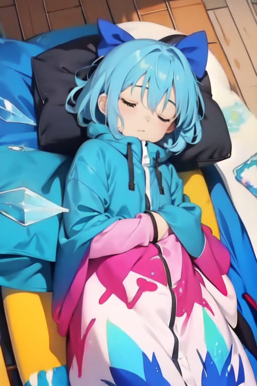  Cirno in a sleeping bag, watercolor painting