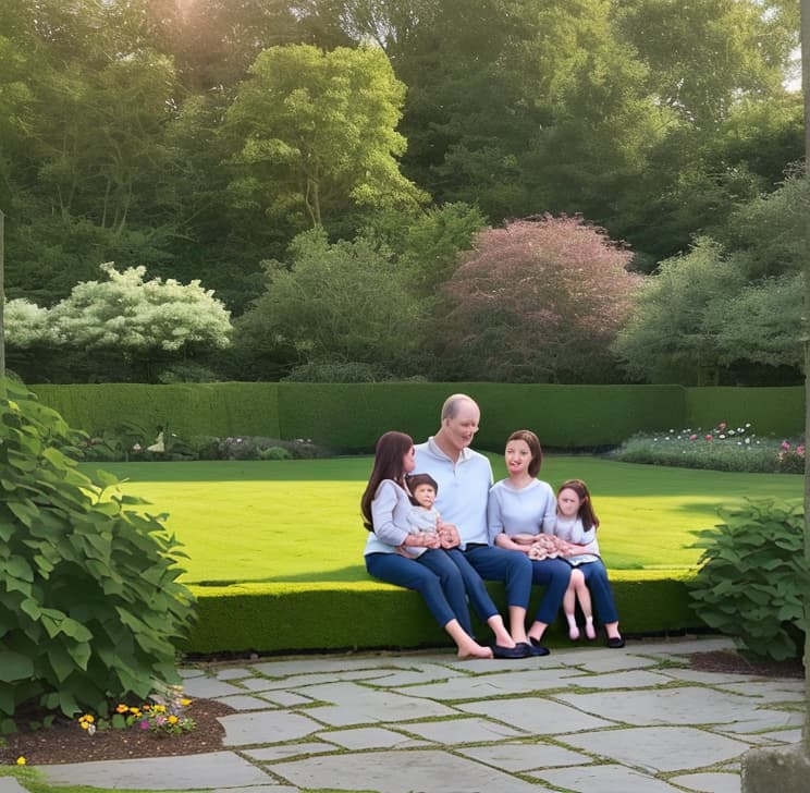  family of 4 sitting in larg garden