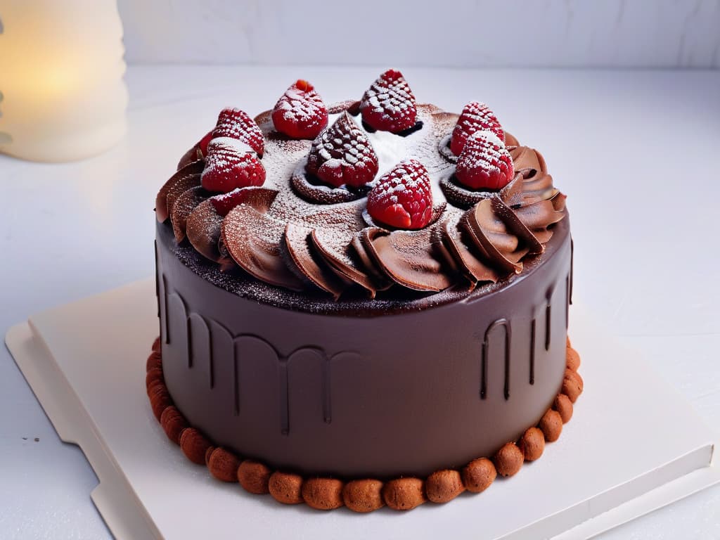  A closeup, ultradetailed image of a perfectly frosted glutenfree chocolate cake adorned with fresh raspberries and mint leaves on a sleek, white marble countertop. The glossy ganache glaze glistens under soft lighting, showcasing intricate swirls and textures, while the vibrant red berries provide a pop of color against the rich, dark cake. The minimalistic composition highlights the exquisite craftsmanship and luxurious appeal of this decadent glutenfree dessert, evoking a sense of elegance and indulgence for the readers. hyperrealistic, full body, detailed clothing, highly detailed, cinematic lighting, stunningly beautiful, intricate, sharp focus, f/1. 8, 85mm, (centered image composition), (professionally color graded), ((bright soft diffused light)), volumetric fog, trending on instagram, trending on tumblr, HDR 4K, 8K