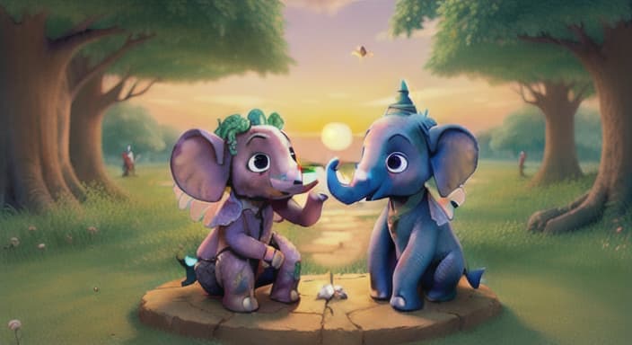  {The elephant and the fairy watching the sunset in the park., The elephant and the fairy have formed a special bond, creating memories together.