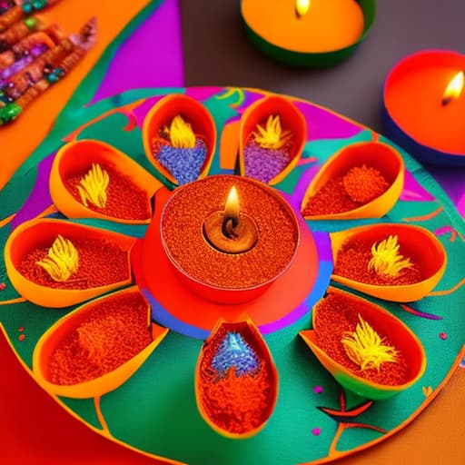  "Generate a colorful and vibrant artwork depicting the celebration of Diwali with traditional diyas and fireworks."