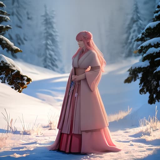  A woman with long hair and a pink gown is looking at the camera. Apply the Following Styles Japonisme, Overlay Artaic, Textile Art, Anime hyperrealistic, full body, detailed clothing, highly detailed, cinematic lighting, stunningly beautiful, intricate, sharp focus, f/1. 8, 85mm, (centered image composition), (professionally color graded), ((bright soft diffused light)), volumetric fog, trending on instagram, trending on tumblr, HDR 4K, 8K