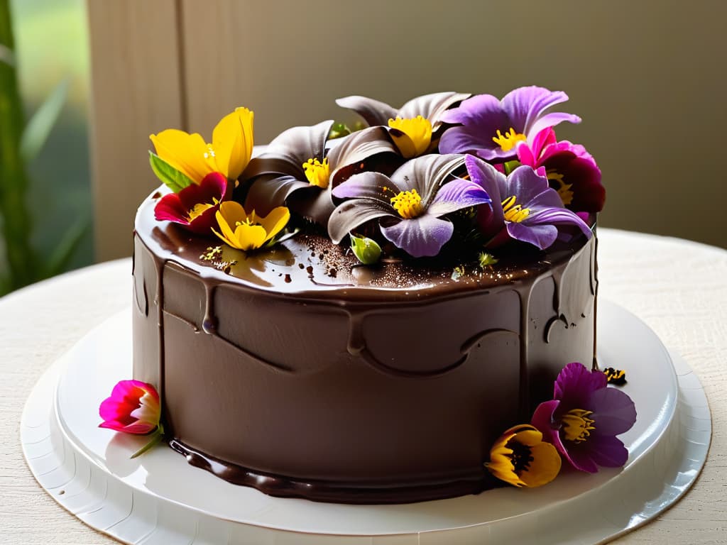  An ultradetailed closeup image of a perfectly imperfect, rustic, yet intricately designed, sustainable chocolate cake. The cake is adorned with delicate edible flowers and drizzled with a glossy, ecofriendly glaze made from locally sourced ingredients. The lighting captures the rich, decadent texture of the cake, showcasing its organic, handcrafted appeal. The background is softly blurred, emphasizing the cake as the focal point, inviting viewers to appreciate the artistry and sustainability of this delectable dessert. hyperrealistic, full body, detailed clothing, highly detailed, cinematic lighting, stunningly beautiful, intricate, sharp focus, f/1. 8, 85mm, (centered image composition), (professionally color graded), ((bright soft diffused light)), volumetric fog, trending on instagram, trending on tumblr, HDR 4K, 8K