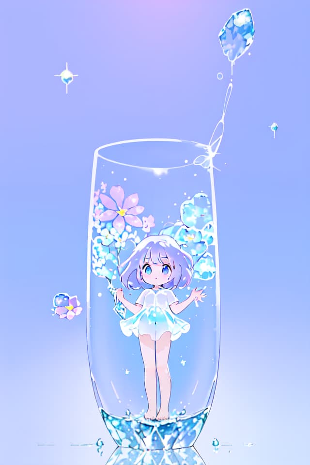  A cute girl stands on top of the crystal clear gl cup,surrounded by sparkling water droplets and purple flowers floating in a light blue background. The full body photo has soft lighting in the style of anime with dreamy colors,cute expressions,and delicate details. ar 3:4 niji 6