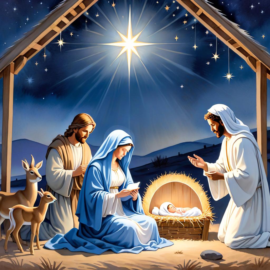  Generate a watercolor ilration by Greg Rutkowski of the Nativity scene, using soft blues, whites, and warm golds. Convey tranquility with harmonious colors for Mary, Joseph, and  Jesus's clothing, and a rustic stable ed in a celestial glow. Include gentle animals and sparkling stars to enhance the sacred and peaceful atmosphere hyperrealistic, full body, detailed clothing, highly detailed, cinematic lighting, stunningly beautiful, intricate, sharp focus, f/1. 8, 85mm, (centered image composition), (professionally color graded), ((bright soft diffused light)), volumetric fog, trending on instagram, trending on tumblr, HDR 4K, 8K