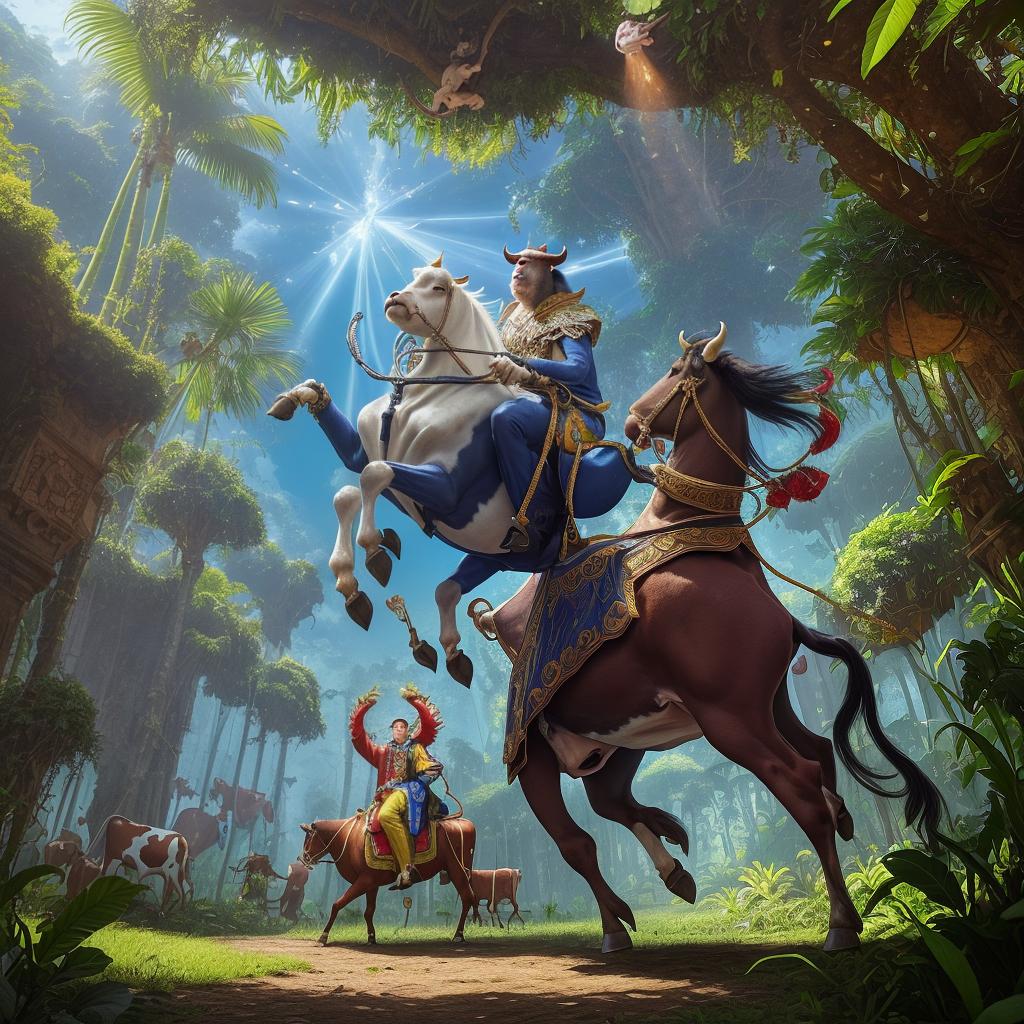  masterpiece, best quality, A vibrant and surreal scene unfolds as a UFO hovers above, casting a radiant beam of light onto a sharply dressed man riding a majestic cow. The setting is a lush, tropical rainforest with towering banana trees forming a surreal pile of bananas beneath the cow's hooves. Monkeys gather in a circle, their eyes filled with admiration and awe, as they worship the man atop the cow. This visually striking scene is captured through the lens of a high-resolution camera, allowing for intricate details to be visible in the man's suit, the cow's majestic presence, and the monkeys' expressive faces. The photograph exudes a whimsical and otherworldly atmosphere, combining elements of fantasy, humor, and mystery. The lighting i