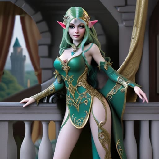  fantasy elven beautifull and opulent dress over balcony with her tight up watching out of castle on her kingdom