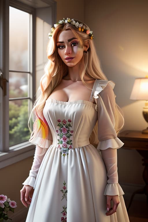  detailed and realistic portrait of a rapunzel maid with a few freckles, long blonde disheveled hairs, multicolor mesmerizing eyes, dark fluffy dress, soft natural lighting, portrait photography, magical photography, dramatic lighting, photo realism, ultra detailed, intimate portrait composition, flowers in background, Leica 50mm, f1. 4 hyperrealistic, full body, detailed clothing, highly detailed, cinematic lighting, stunningly beautiful, intricate, sharp focus, f/1. 8, 85mm, (centered image composition), (professionally color graded), ((bright soft diffused light)), volumetric fog, trending on instagram, trending on tumblr, HDR 4K, 8K