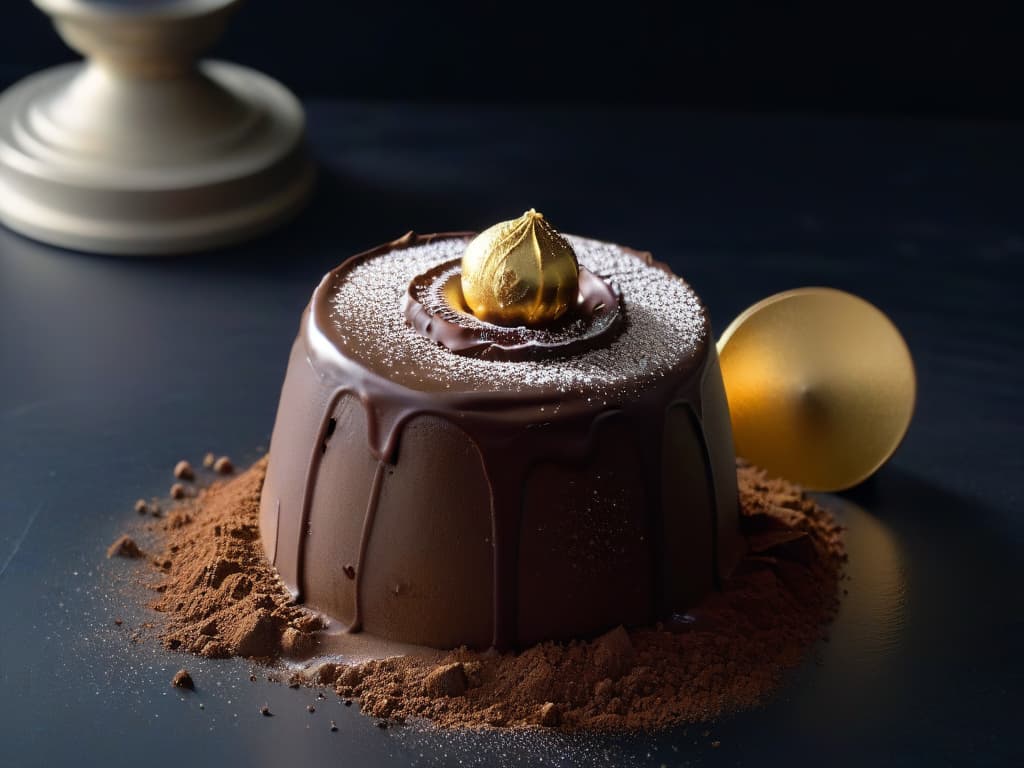  A closeup, ultradetailed image of a perfectly tempered chocolate truffle being delicately dusted with shimmering gold cocoa powder, set against a sleek, black backdrop. The truffle glistens under a soft, focused spotlight, showcasing its smooth, glossy surface and intricate molecular structure. hyperrealistic, full body, detailed clothing, highly detailed, cinematic lighting, stunningly beautiful, intricate, sharp focus, f/1. 8, 85mm, (centered image composition), (professionally color graded), ((bright soft diffused light)), volumetric fog, trending on instagram, trending on tumblr, HDR 4K, 8K