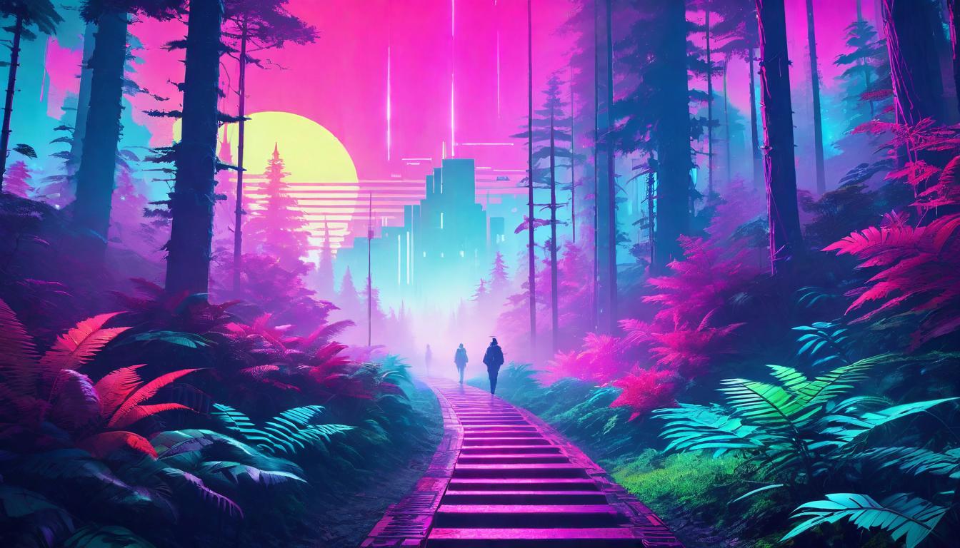  vaporwave,cyberpunk game style A lone path cutting through a dense forest, morning fog gently rolling over. Journey of solitude, path of significance, dawning light, introspection, and spiritual awakeningeon, dystopian, futuristic, digital, vibrant, detailed, high contrast, reminiscent of cyberpunk genre video games,retro aesthetic, cyberpunk, vibrant, neon colors, vintage 80s and 90s style, highly detailed