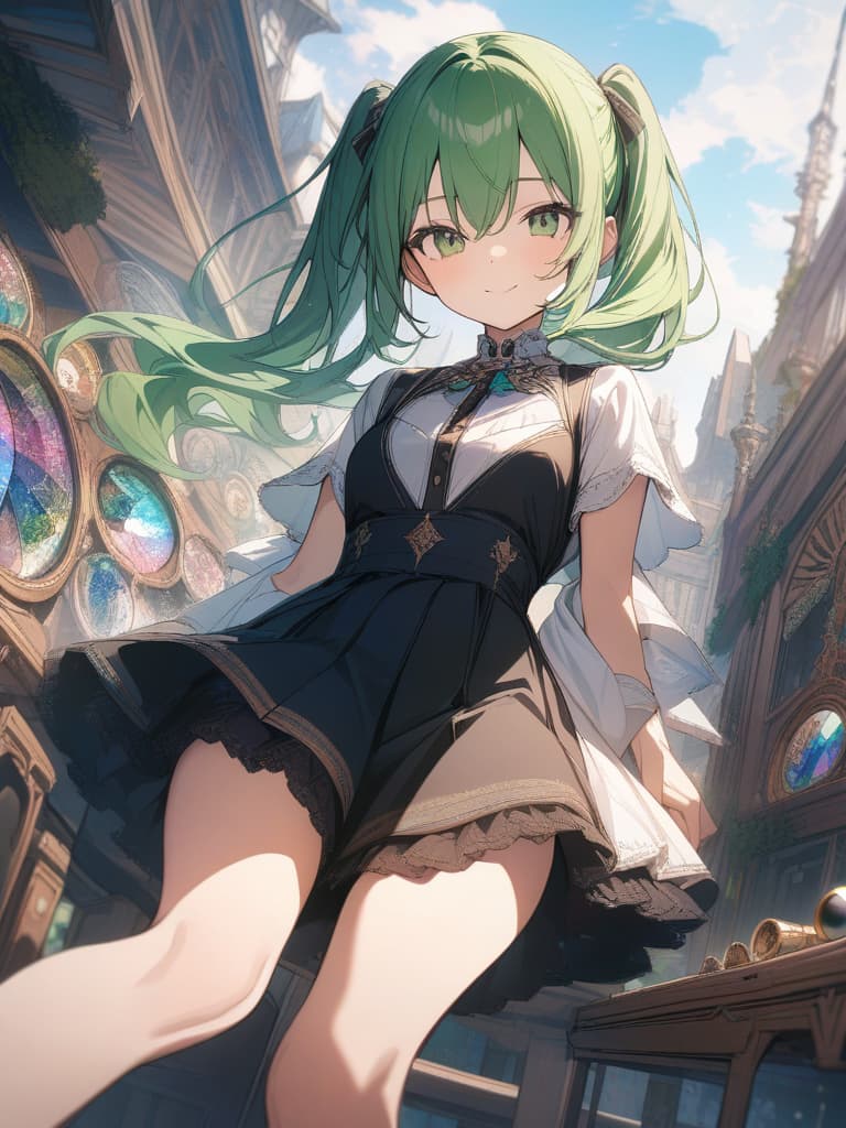  ((masterpiece)),((best quality)),(detailed background:1.4),(kaleidoscope:1.6),little girl,solo,green hair long wavy hair twintails.hairs between eyes,green eyes,1girl,smile, masterpiece, best quality,8k,ultra detailed,high resolution,an extremely delicate and beautiful,hyper detail