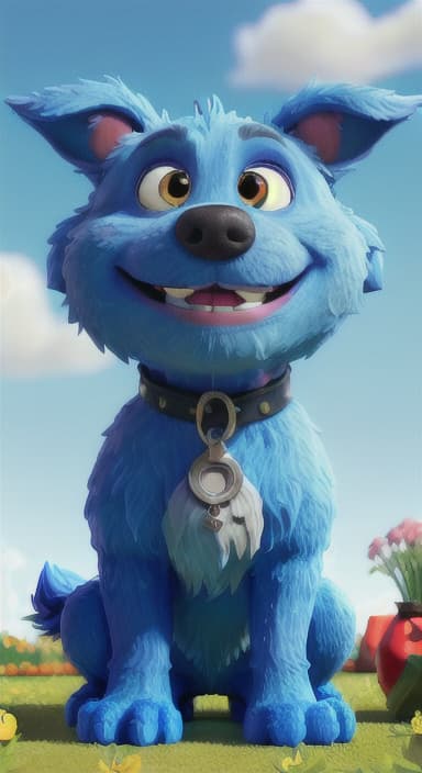  {Max carefully picking up the ball with his teeth without disturbing the flowers, The big blue dog is large with sky blue fur, big round eyes, a black nose, and floppy ears.