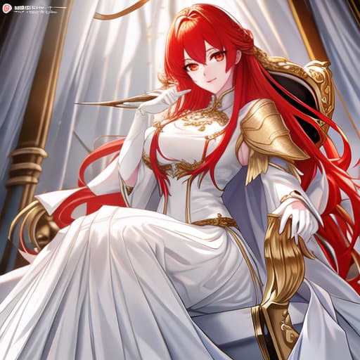  a girl manhua character with red hair and white eyes with white skin wearing noble dress and siting on the throne hyperrealistic, full body, detailed clothing, highly detailed, cinematic lighting, stunningly beautiful, intricate, sharp focus, f/1. 8, 85mm, (centered image composition), (professionally color graded), ((bright soft diffused light)), volumetric fog, trending on instagram, trending on tumblr, HDR 4K, 8K