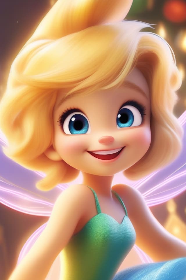  Colorful illustrations, Disney Character, Masterpiece, Tinkerbell, Mischievous, Bewitching Hair Color, Smile, High Quality, 8k, 16k