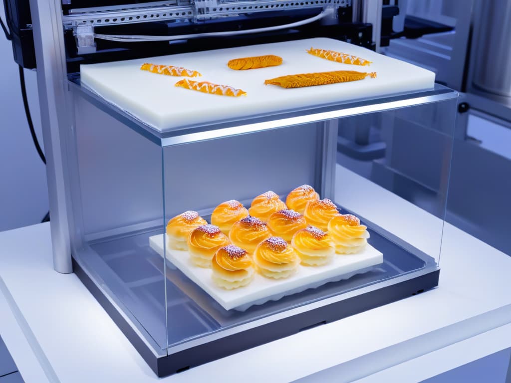  An ultradetailed, 8k resolution image of a sleek, futuristic 3D food printer in action, delicately crafting intricate pastry designs with precision. The machine is set against a clean, white backdrop, emphasizing its advanced technology and seamless operation, with a soft, ambient light highlighting the intricate details of the printed pastries. The image captures the essence of innovation and precision in pastrymaking technology, perfectly complementing the informative and professional tone of the article. hyperrealistic, full body, detailed clothing, highly detailed, cinematic lighting, stunningly beautiful, intricate, sharp focus, f/1. 8, 85mm, (centered image composition), (professionally color graded), ((bright soft diffused light)), volumetric fog, trending on instagram, trending on tumblr, HDR 4K, 8K