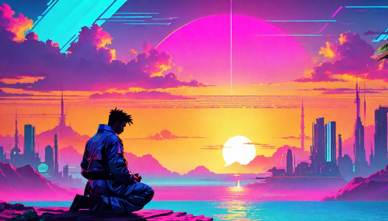  vaporwave,cyberpunk game style A sunset casting shadows over a solitary figure in prayer, the horizon blurring into a vision of hope and spiritual connection through gratefulness.eon, dystopian, futuristic, digital, vibrant, detailed, high contrast, reminiscent of cyberpunk genre video games,retro aesthetic, cyberpunk, vibrant, neon colors, vintage 80s and 90s style, highly detailed