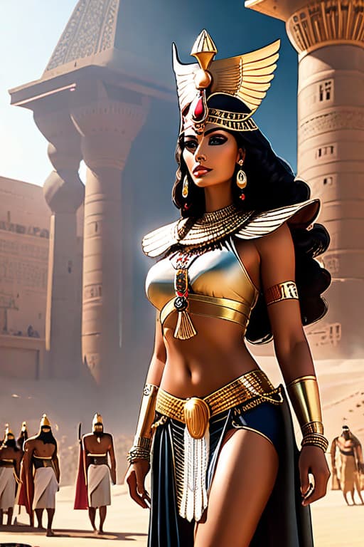  egyptian Women, Queen super hero stood high, behind her, looking straight , black eyes, crown hyperrealistic, full body, detailed clothing, highly detailed, cinematic lighting, stunningly beautiful, intricate, sharp focus, f/1. 8, 85mm, (centered image composition), (professionally color graded), ((bright soft diffused light)), volumetric fog, trending on instagram, trending on tumblr, HDR 4K, 8K