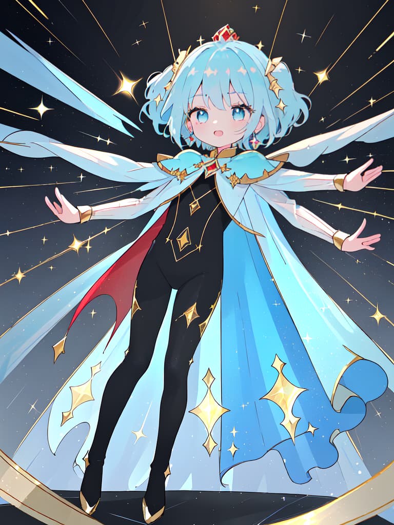  Masterpiece,(((one boy)))1.5,cute,delicate light blue hair color,shiny hair color,Blake,small crown on head,gold pattern on background,jewelry,shimmering,((( Two precise arms))),(((short red cape))),{{ (((black suit)))1.5,gorgeous,gold lamé}},Blake,holding microphone,dancing,(((singing,speaking ♪♬))),best smile,Standing on stage,spotlight,super high quality,super precise,super precise,super precise,super precise,super analytical,16K, masterpiece, best quality,8k,ultra detailed,high resolution,an extremely delicate and beautiful,hyper detail