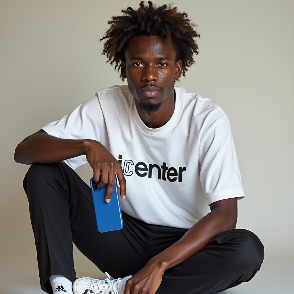  good quality, high quality, a photo of a old named charly. he is a dark skinned with short, wavy, dark brown hair. he is wearing a white shirt that says "jcenters". he is wearing a black pants and white adidas tennis shoes with black stripes. he is holding a blue phone with a transparent cover. he has a expression.