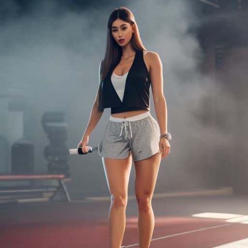  Girl in gym shorts. hyperrealistic, full body, detailed clothing, highly detailed, cinematic lighting, stunningly beautiful, intricate, sharp focus, f/1. 8, 85mm, (centered image composition), (professionally color graded), ((bright soft diffused light)), volumetric fog, trending on instagram, trending on tumblr, HDR 4K, 8K