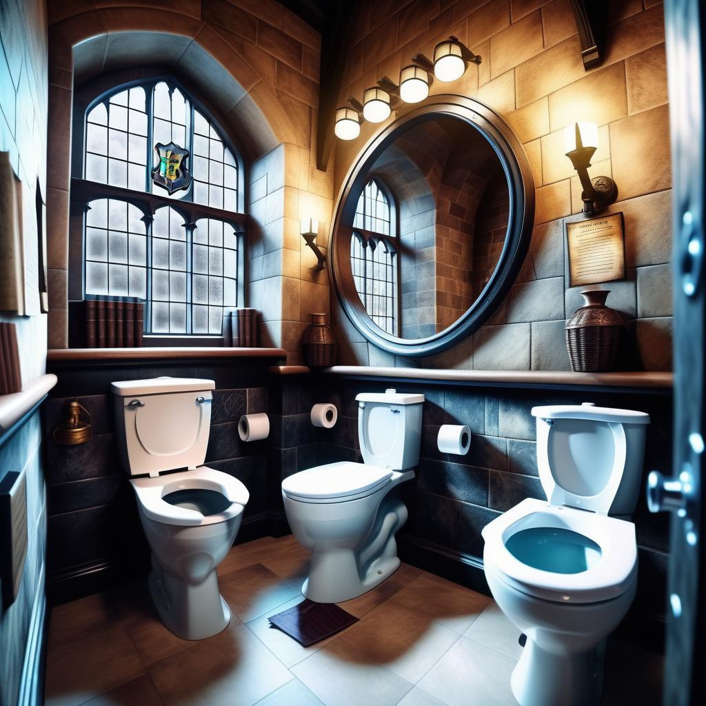  s of Hogwarts in , we can see  s,  they are ing and sticking together with s in the toilet on the toilet seat, magical wand, real photo, realism, wide-angle camera, panoramic photo