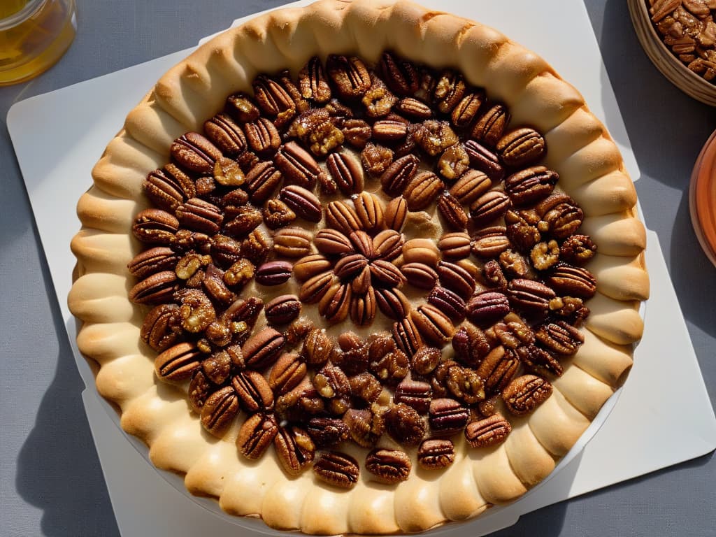  A closeup, ultradetailed image of a goldenbrown Pecan Pie fresh out of the oven, showcasing the perfectly toasted pecans arranged in a mesmerizing pattern on top of the rich, caramellike filling. The crust is crimped delicately, exuding a warm, inviting aroma that seems to waft off the screen. The texture of the pie is so detailed that you can almost feel the slight crunch of the nuts and the gooeyness of the filling, making it almost irresistible to reach out and take a slice. hyperrealistic, full body, detailed clothing, highly detailed, cinematic lighting, stunningly beautiful, intricate, sharp focus, f/1. 8, 85mm, (centered image composition), (professionally color graded), ((bright soft diffused light)), volumetric fog, trending on instagram, trending on tumblr, HDR 4K, 8K