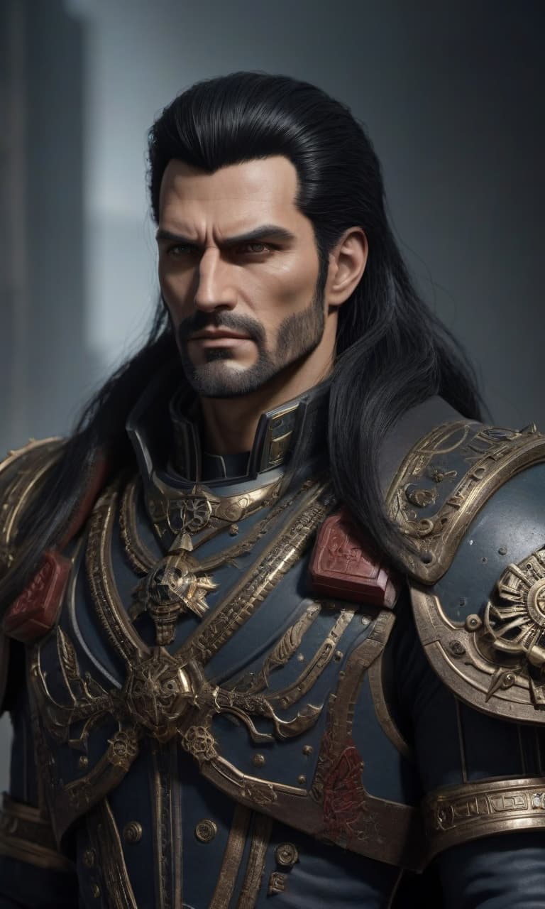  A tall man with black hair down to his shoulders from Warhammer 40,000. hyperrealistic, full body, detailed clothing, highly detailed, cinematic lighting, stunningly beautiful, intricate, sharp focus, f/1. 8, 85mm, (centered image composition), (professionally color graded), ((bright soft diffused light)), volumetric fog, trending on instagram, trending on tumblr, HDR 4K, 8K