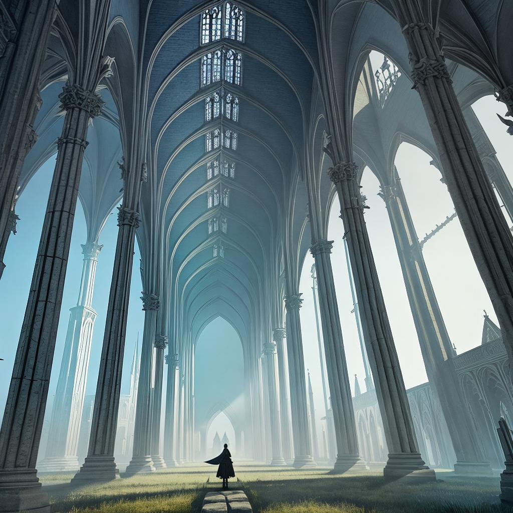  in a gothic aesthetic, Ethereal spires pierce the sky, as ancient arches weave tales of forgotten realms in a Gothic tapestry.