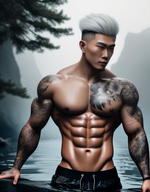  muscle, tattooed Chinese beautiful boy with white hair taking a in river ,  whole dorsal body，chest hair hyperrealistic, full body, detailed clothing, highly detailed, cinematic lighting, stunningly beautiful, intricate, sharp focus, f/1. 8, 85mm, (centered image composition), (professionally color graded), ((bright soft diffused light)), volumetric fog, trending on instagram, trending on tumblr, HDR 4K, 8K