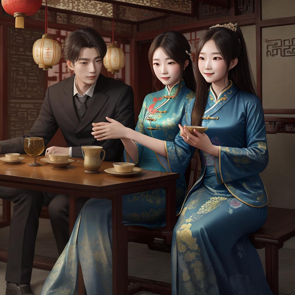  Masterpiece, best quality, a young couple sitting and talking, in an ancient Chinese teahouse, time dusk, dim lighting