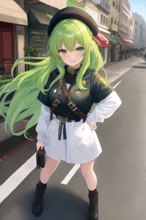  best quality, (solo), 1girl, standing, noodle hair, green hair, green eyes, light smile, medium, micro, city street,