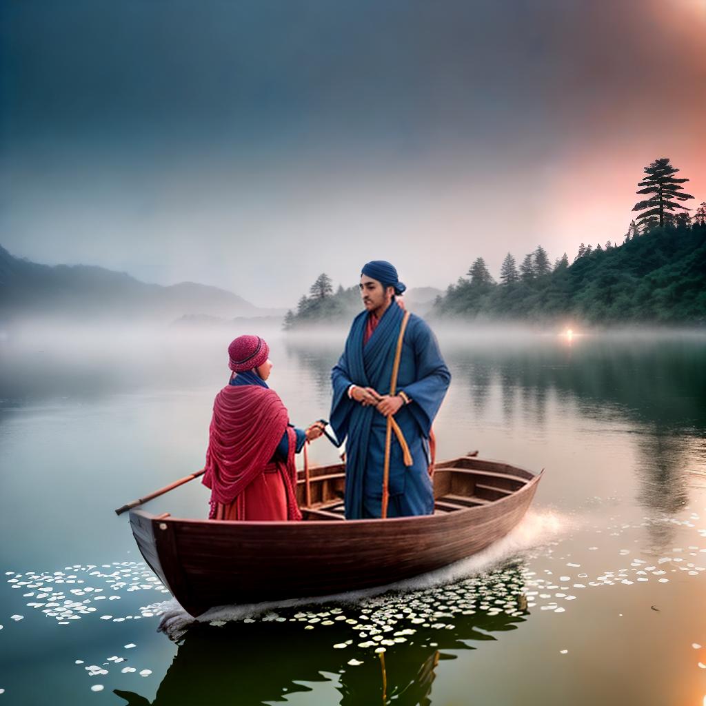  Shashoiki, lake, 3 persons ,highly detailed, cinematic lighting, stunningly beautiful, intricate, sharp focus, f1. 8, 85mm, (centered image composition), (professionally color graded), ((bright soft diffused light)), volumetric fog, trending on instagram, trending on tumblr, HDR 4K, 8K