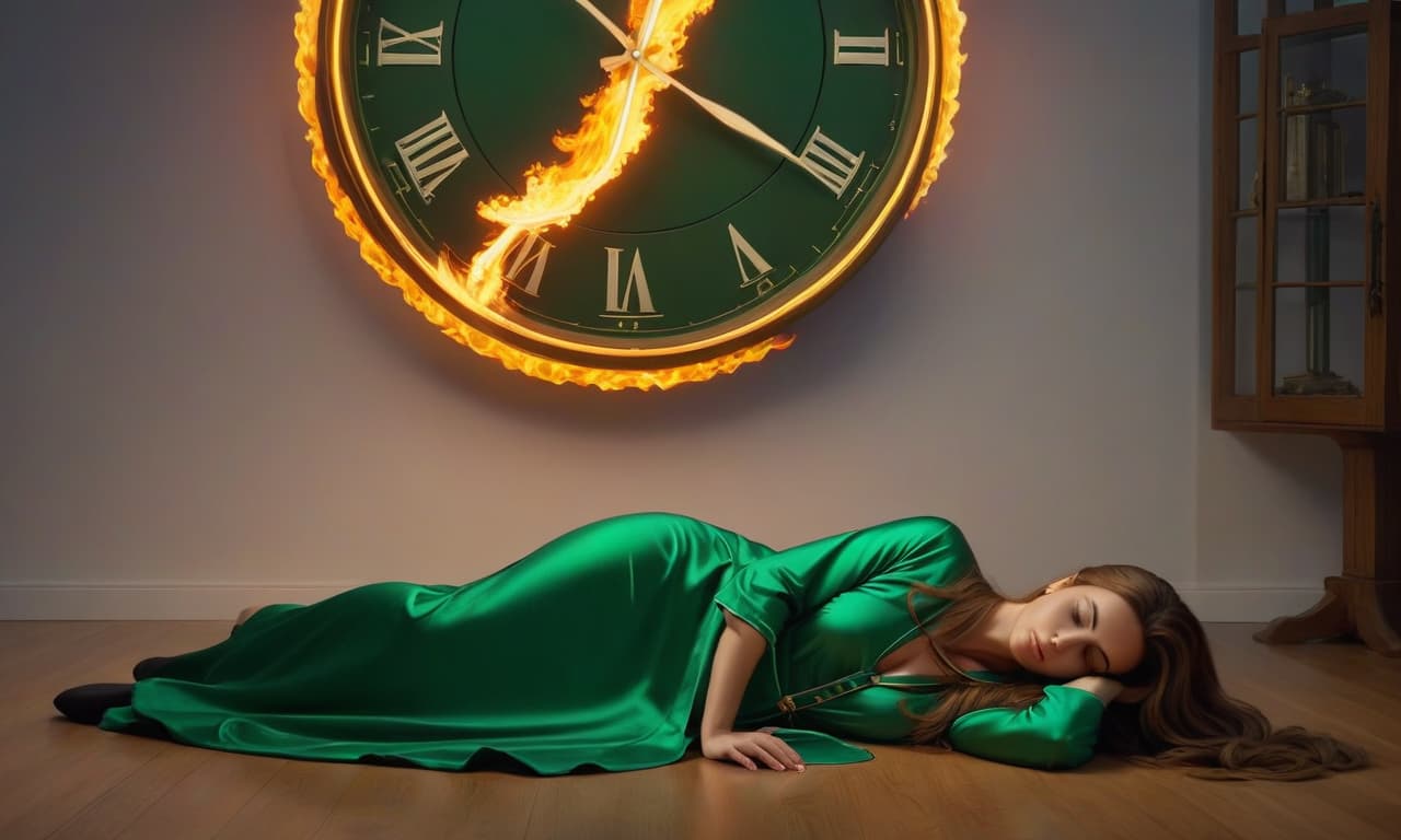  The large clock glows with a bright flame on the wall by heating the clock. A long haired girl lies on the floor under them wearing a green nightgown. hyperrealistic, full body, detailed clothing, highly detailed, cinematic lighting, stunningly beautiful, intricate, sharp focus, f/1. 8, 85mm, (centered image composition), (professionally color graded), ((bright soft diffused light)), volumetric fog, trending on instagram, trending on tumblr, HDR 4K, 8K