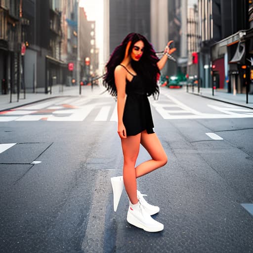 nvinkpunk girl wearing black frock and white shoes with long pink hair hyperrealistic, full body, detailed clothing, highly detailed, cinematic lighting, stunningly beautiful, intricate, sharp focus, f/1. 8, 85mm, (centered image composition), (professionally color graded), ((bright soft diffused light)), volumetric fog, trending on instagram, trending on tumblr, HDR 4K, 8K