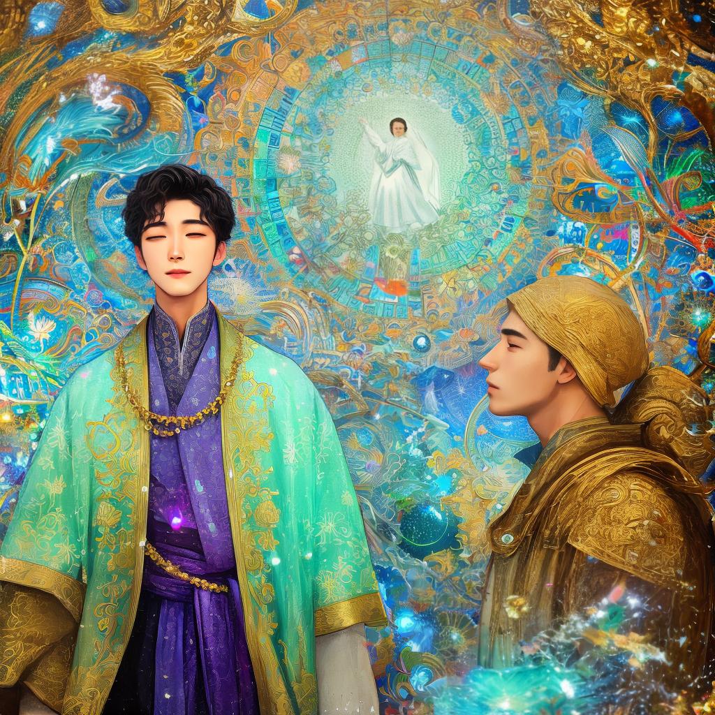  masterpiece, best quality, A young man showing respect to his parents in a dream mystical state. Not so much detail in the face. Parents showing they are proud. Background of various dreamy and cool symbols