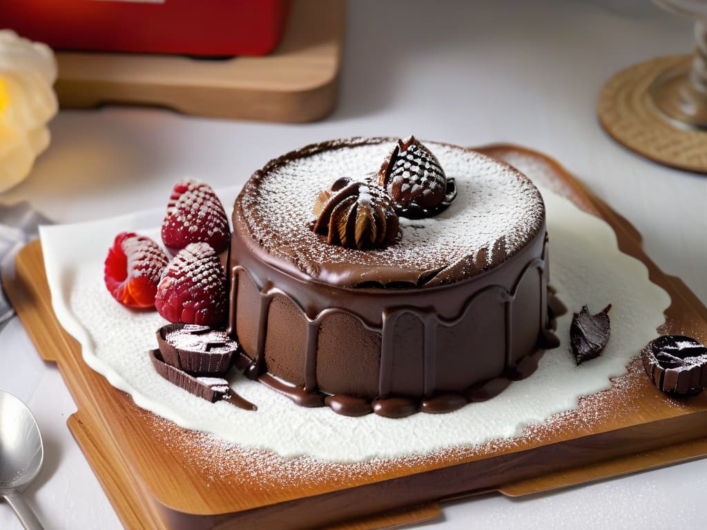  A closeup, photorealistic image of a decadent chocolate lava cake oozing with rich molten chocolate, topped with a scoop of creamy vanilla ice cream, and garnished with fresh raspberries and a dusting of powdered sugar. The glossy finish of the cake's surface reflects the warm lighting, showcasing the intricate details of the dessert, from the cracks on the cake to the glistening texture of the chocolate lava. The vibrant colors and enticing presentation make this dessert a true feast for the eyes, perfectly capturing the essence of quick and delicious desserts featured in the article. hyperrealistic, full body, detailed clothing, highly detailed, cinematic lighting, stunningly beautiful, intricate, sharp focus, f/1. 8, 85mm, (centered image composition), (professionally color graded), ((bright soft diffused light)), volumetric fog, trending on instagram, trending on tumblr, HDR 4K, 8K