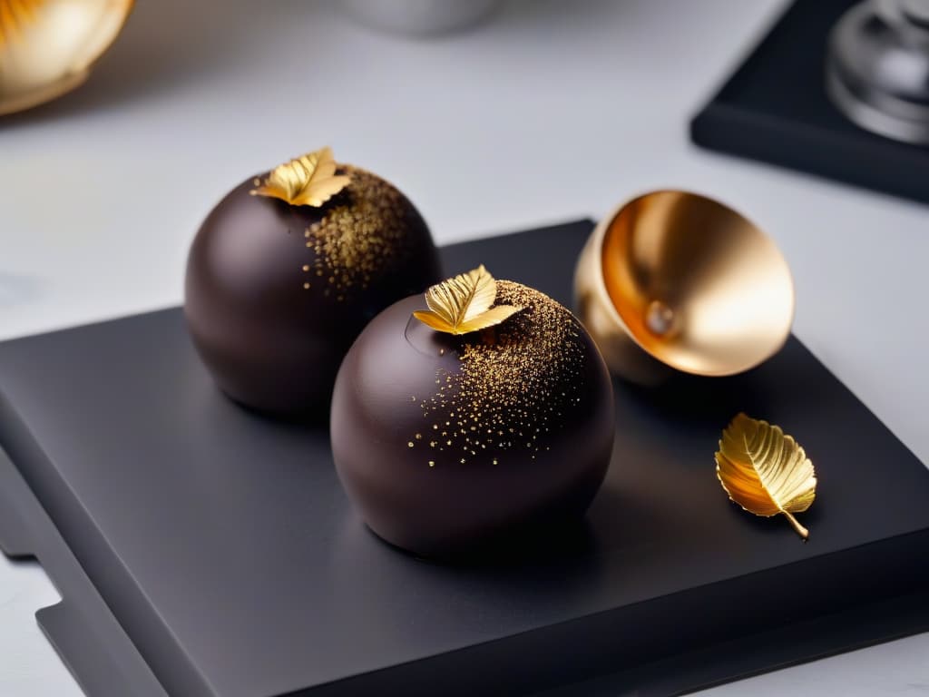  A closeup, ultradetailed image of a perfectly tempered, glossy dark chocolate bonbon, elegantly decorated with a delicate gold leaf, resting on a sleek, modern, matte black plate. The chocolate shell is flawlessly smooth, showcasing a subtle geometric pattern, hinting at the exquisite filling within. The lighting is soft but highlights the intricate details of the bonbon, emphasizing its luxurious and professional craftsmanship. hyperrealistic, full body, detailed clothing, highly detailed, cinematic lighting, stunningly beautiful, intricate, sharp focus, f/1. 8, 85mm, (centered image composition), (professionally color graded), ((bright soft diffused light)), volumetric fog, trending on instagram, trending on tumblr, HDR 4K, 8K