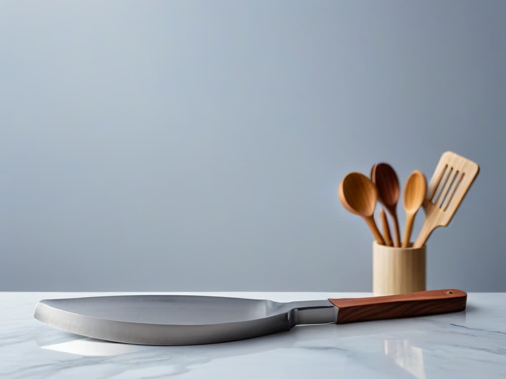  An ultradetailed 8k image showing an array of sleek, modern pastry spatulas displayed on a pristine marble countertop under soft, natural lighting. Each spatula is expertly crafted with ergonomic handles and precision edges, gleaming in a polished finish. The subtle shadows cast by the spatulas create a visually captivating play of light and shadow, emphasizing their highquality design and versatility. This minimalist yet sophisticated image perfectly complements the professional and inspiring tone of the article, highlighting the beauty and functionality of these essential baking tools. hyperrealistic, full body, detailed clothing, highly detailed, cinematic lighting, stunningly beautiful, intricate, sharp focus, f/1. 8, 85mm, (centered image composition), (professionally color graded), ((bright soft diffused light)), volumetric fog, trending on instagram, trending on tumblr, HDR 4K, 8K