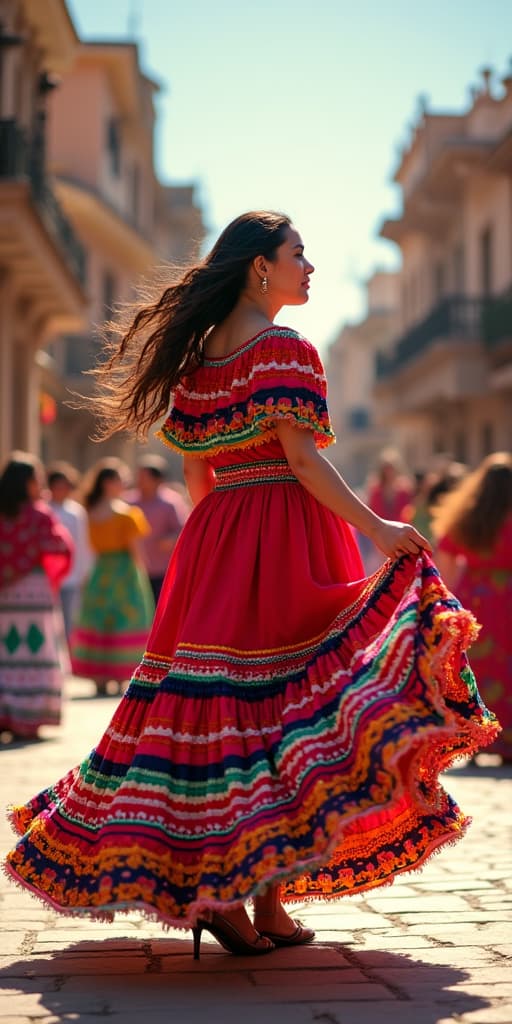  good quality, high quality, hispanic heritage month celebration, colorful traditional dresses, twirling, vibrant cultural energy