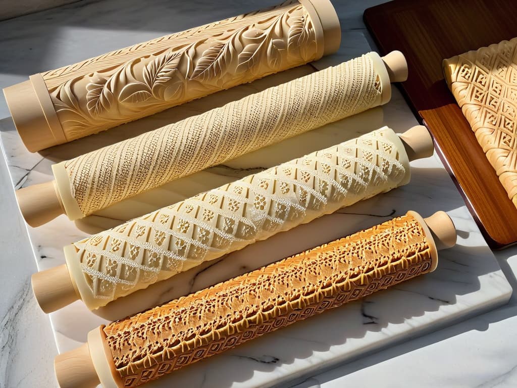  An ultradetailed closeup image of a variety of intricately patterned rolling pins laid out on a marble countertop, showcasing their unique designs and textures. Each rolling pin is adorned with different patterns like geometric shapes, floral motifs, and intricate lace designs, highlighted by the play of light and shadows to emphasize the craftsmanship and detail of these essential tools for cookie and fondant decoration. hyperrealistic, full body, detailed clothing, highly detailed, cinematic lighting, stunningly beautiful, intricate, sharp focus, f/1. 8, 85mm, (centered image composition), (professionally color graded), ((bright soft diffused light)), volumetric fog, trending on instagram, trending on tumblr, HDR 4K, 8K