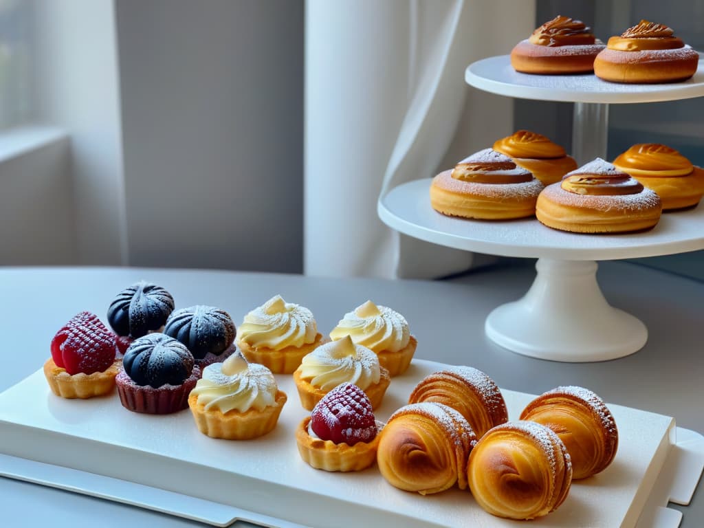  A highquality, ultradetailed image of a pristine, minimalist kitchen counter with an assortment of freshly baked pastries and desserts displayed artfully on sleek, modern plates. The pastries vary in colors and shapes, showcasing a range of textures from flaky croissants to glossy fruit tarts, all exuding an irresistible aroma. The background is softly blurred, emphasizing the meticulous presentation of the delectable treats and creating a serene, inviting atmosphere that perfectly encapsulates the essence of modern pandemicera pastry trends. hyperrealistic, full body, detailed clothing, highly detailed, cinematic lighting, stunningly beautiful, intricate, sharp focus, f/1. 8, 85mm, (centered image composition), (professionally color graded), ((bright soft diffused light)), volumetric fog, trending on instagram, trending on tumblr, HDR 4K, 8K