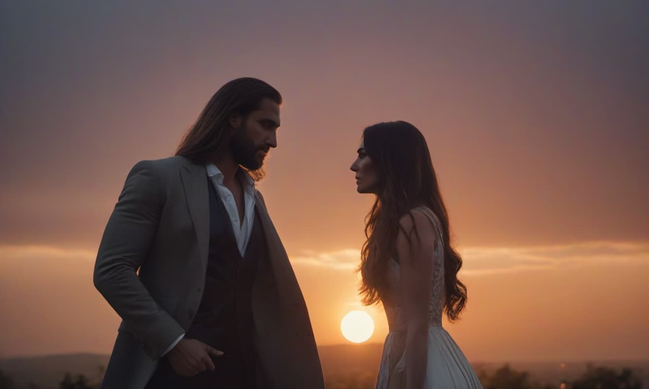  A long haired girl and a man are standing with their backs turned to each other against the backdrop of a sunset. hyperrealistic, full body, detailed clothing, highly detailed, cinematic lighting, stunningly beautiful, intricate, sharp focus, f/1. 8, 85mm, (centered image composition), (professionally color graded), ((bright soft diffused light)), volumetric fog, trending on instagram, trending on tumblr, HDR 4K, 8K