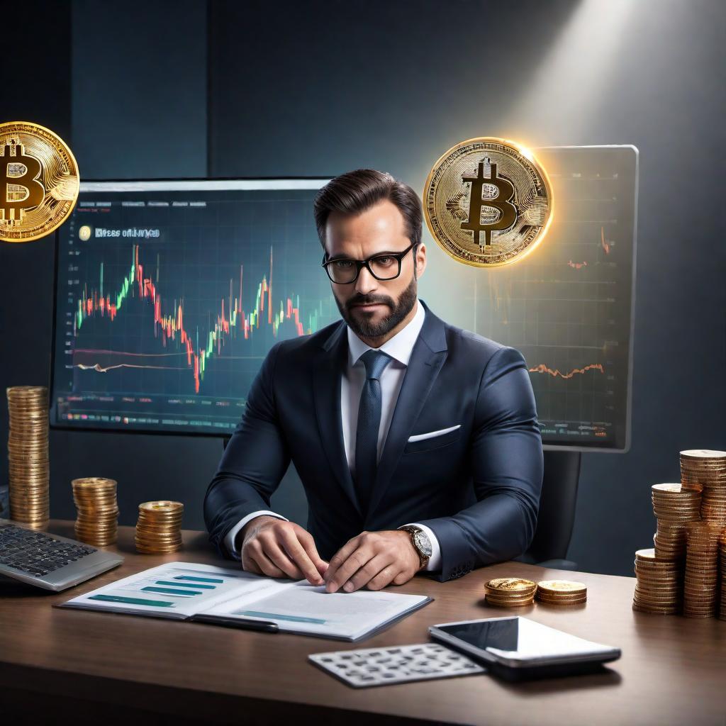  A conceptual image that visually represents an assistant providing financial advice with elements such as Bitcoin, market charts, and a figure resembling a financial advisor. The image should capture the theme of unpredictability and caution in investing. hyperrealistic, full body, detailed clothing, highly detailed, cinematic lighting, stunningly beautiful, intricate, sharp focus, f/1. 8, 85mm, (centered image composition), (professionally color graded), ((bright soft diffused light)), volumetric fog, trending on instagram, trending on tumblr, HDR 4K, 8K