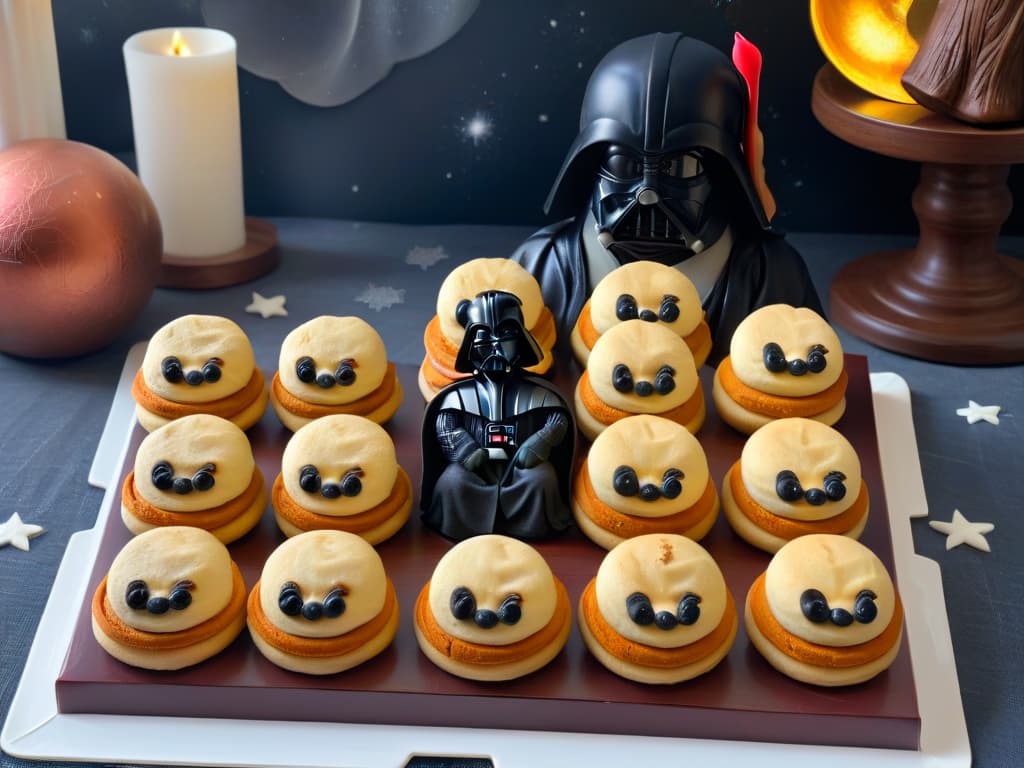  A photorealistic image of a batch of fortune cookies styled like iconic Star Wars characters such as Yoda, Darth Vader, Princess Leia, and Chewbacca. Each cookie is intricately decorated with details that resemble the characters' features, while the background shows a starry galaxy scene with the Death Star looming in the distance. The cookies are arranged on a sleek, modern serving platter, with a subtle glow emanating from them, giving the impression of the Force being present. hyperrealistic, full body, detailed clothing, highly detailed, cinematic lighting, stunningly beautiful, intricate, sharp focus, f/1. 8, 85mm, (centered image composition), (professionally color graded), ((bright soft diffused light)), volumetric fog, trending on instagram, trending on tumblr, HDR 4K, 8K