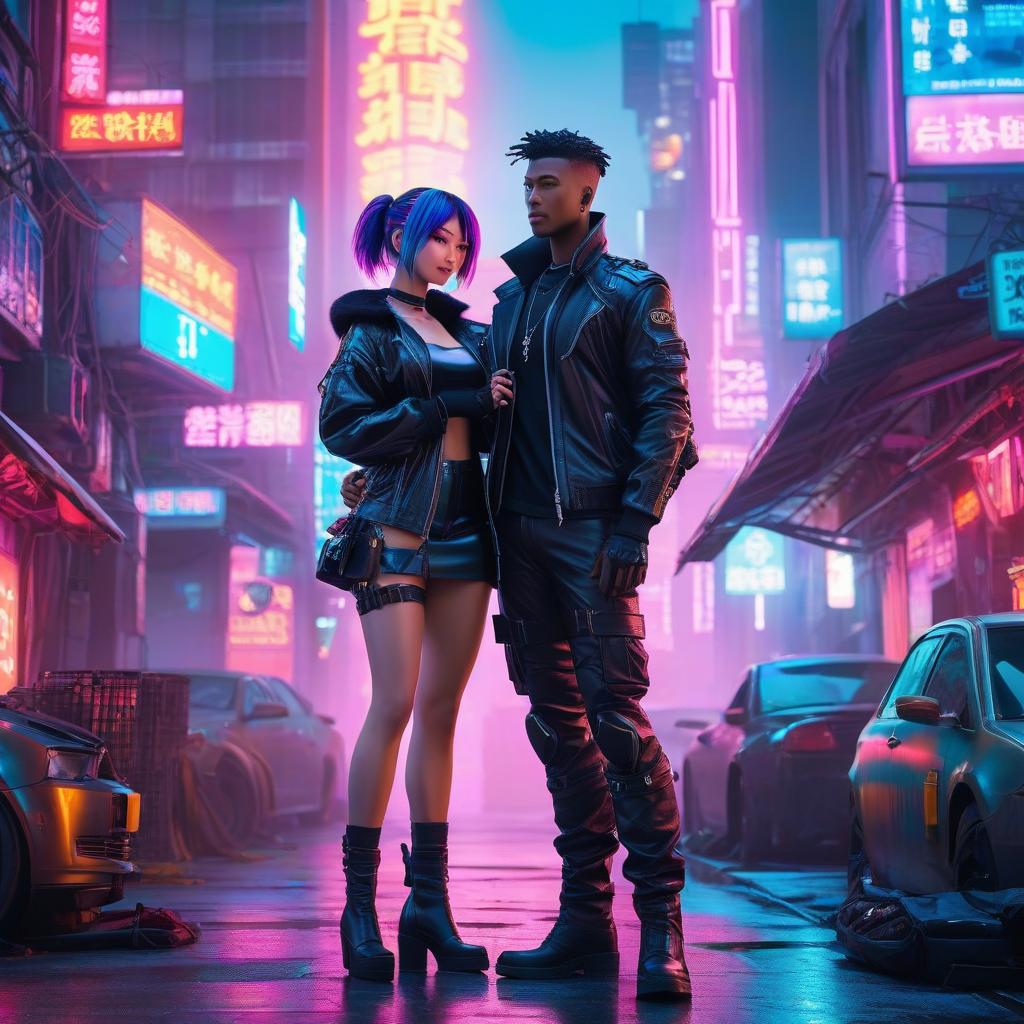  kawaii style cyberpunk city background, 1girl, 1boy, duo, hugging, glowing eyes, fangs, callie, . cute, adorable, brightly colored, cheerful, anime influence, highly detailed hyperrealistic, full body, detailed clothing, highly detailed, cinematic lighting, stunningly beautiful, intricate, sharp focus, f/1. 8, 85mm, (centered image composition), (professionally color graded), ((bright soft diffused light)), volumetric fog, trending on instagram, trending on tumblr, HDR 4K, 8K