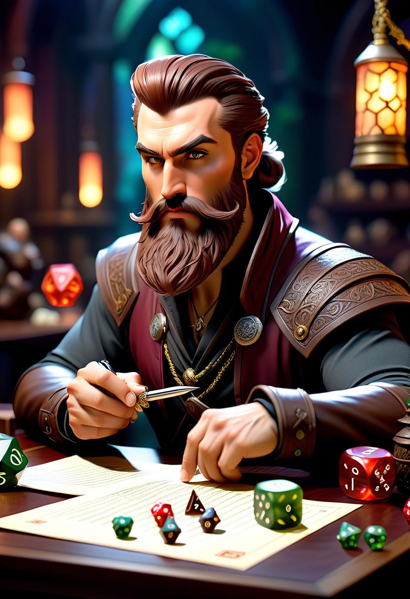  role playing game (RPG) style fantasy A young bearded master of the D&D game is sitting at a table, letters fly out of his pen and various dice are on the table. . detailed, vibrant, immersive, reminiscent of high fantasy RPG games hyperrealistic, full body, detailed clothing, highly detailed, cinematic lighting, stunningly beautiful, intricate, sharp focus, f/1. 8, 85mm, (centered image composition), (professionally color graded), ((bright soft diffused light)), volumetric fog, trending on instagram, trending on tumblr, HDR 4K, 8K