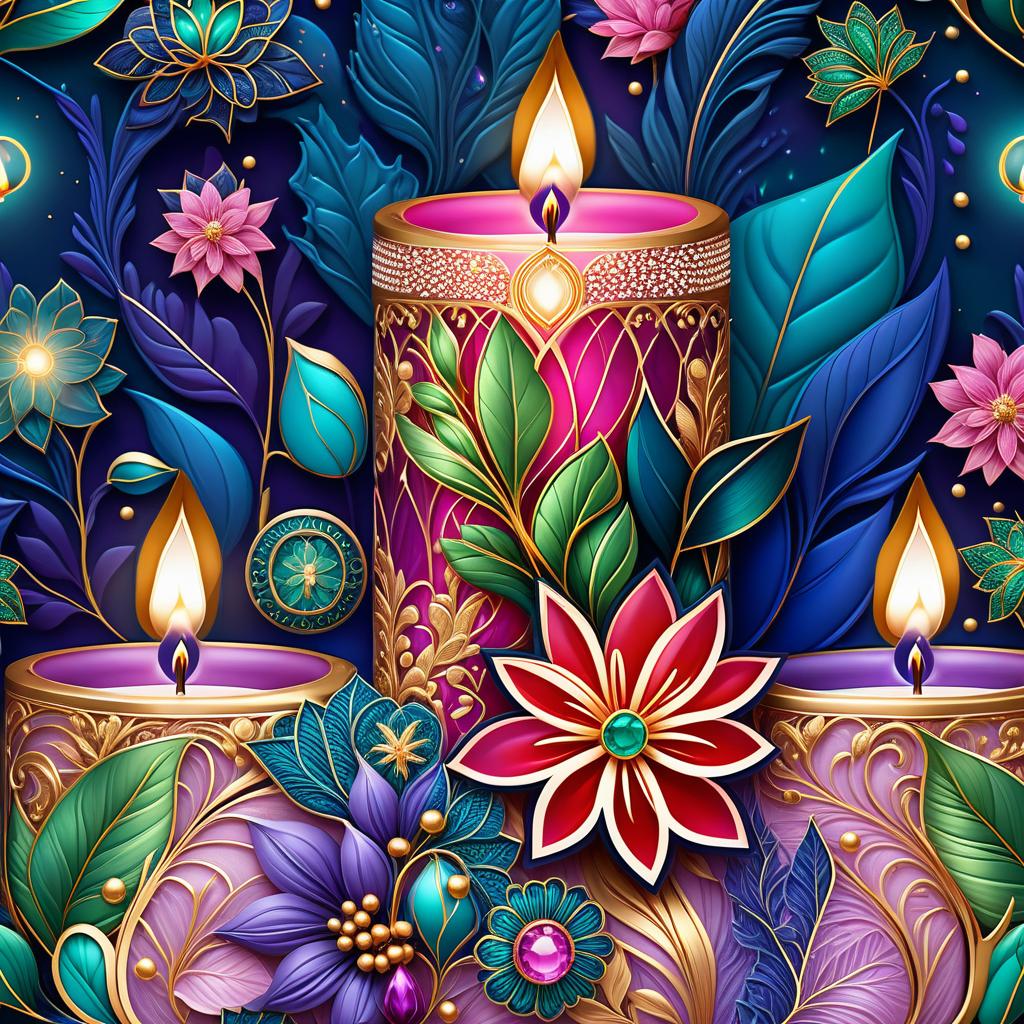  Luxury product style (Background):Dark blue night sky. In the sky turquoise golden stars and emerald fireworks. There are three candles on the background of the night sky. In the centre one is tall, on the sides wide and lower. (First candle decor)::pink framed with gold patterns and swirls of drops. In the middle of the candle is a flower bud and stem with emerald coloured leaves. Under the flower the candle is tied with a ribbon of blue blue colour. (Second and third candle decor):purple colour, framed with golden drops. In the middle is a purple coloured flower bud and stems with emerald coloured leaves. Zentangle have the signature uneven edge and rounded corners. The original tiles are in the form of geometric shapes: square, triangle, hyperrealistic, full body, detailed clothing, highly detailed, cinematic lighting, stunningly beautiful, intricate, sharp focus, f/1. 8, 85mm, (centered image composition), (professionally color graded), ((bright soft diffused light)), volumetric fog, trending on instagram, trending on tumblr, HDR 4K, 8K